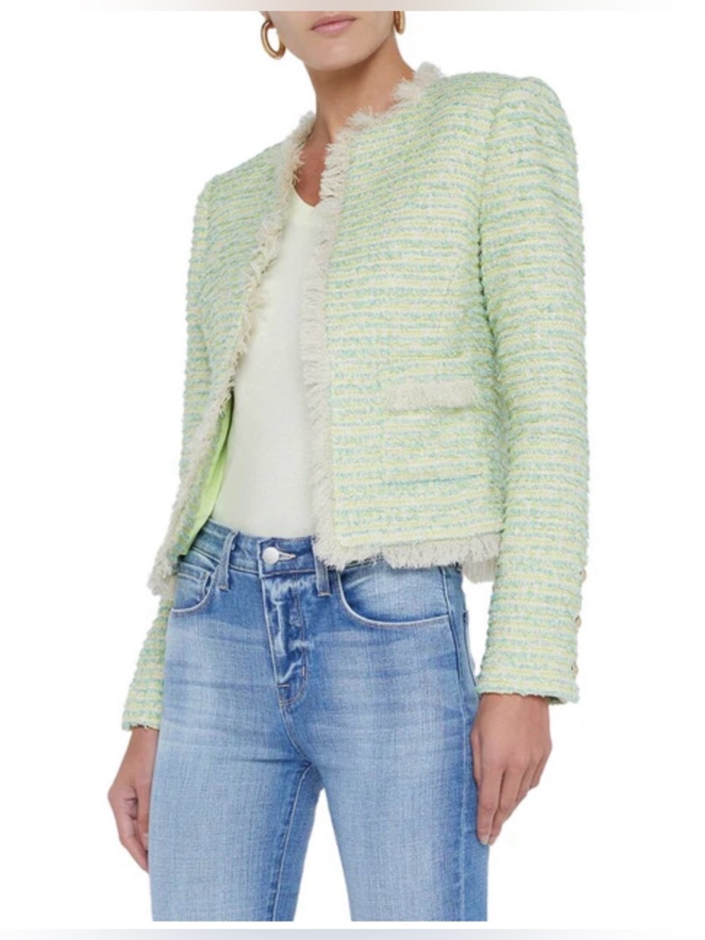 L'AGENCE Angelina Fray Tweed Jacket Open Front Blazer in Light Green Size 8